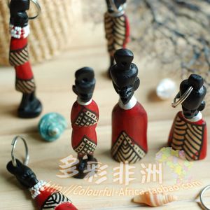 多彩非洲-外国肯尼亚进口特色手工艺品-木雕人彩绘串珠装饰钥匙扣