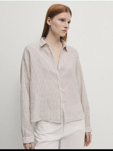 Massimo Dutti女装 法式休闲棉亚麻短版条纹长袖衬衫 05121680710