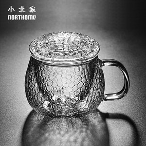 小北家锤纹三件式茶水分离泡茶杯耐热玻璃杯透明茶杯过滤水杯子