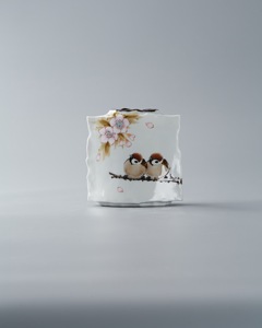 日本进口 九谷烧知名作家中村陶志人手绘樱雀扁壶 花器日式小花瓶