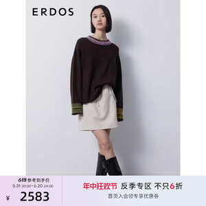 ERDOS 美拉德宽松厚款羊绒衫女秋冬圆领撞色费尔岛针织毛衣