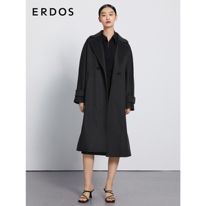 【3期免息】ERDOS 纯羊绒大衣女黑色通勤双排扣系带毛呢外套