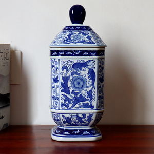 景德镇陶瓷器青花瓷储物罐花瓶四方中式欧式玄关客厅装饰品摆件工