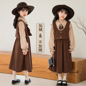 女童连衣裙秋冬2023新款韩版洋气中大童女孩假两件学院风长袖裙子