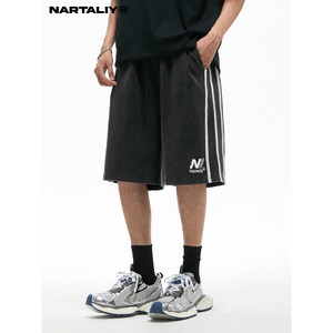 NARTALIY侧条纹美式运动休闲短裤男纯棉水洗做旧潮牌篮球五分卫裤