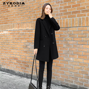 ZYRODIA冬季新款中长款韩版修身保暖羊毛外套女黑色双面羊绒大衣