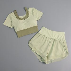 跑步运动健身服套装夏季短款假两件露脐性感速干衣女普拉提瑜伽服