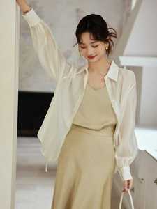 韩版天丝防晒衬衫女棉麻外搭开衫宽松中长轻薄款白色衬衣外套夏季