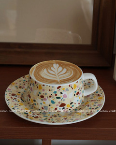 复古彩色点点陶瓷咖啡杯碟拿铁拉花杯下午茶杯碟泼墨杯中古杯子