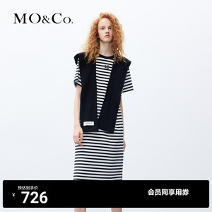 MOCO连帽披肩MC刺绣黑白条纹连衣裙两件套气质设计感裙子女摩安珂