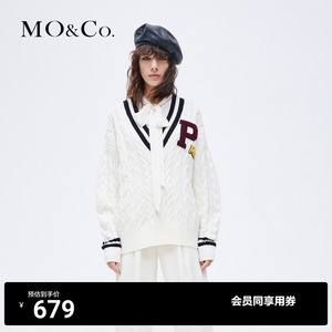 MOCO秋冬美式学院风毛绒章仔V领含绵羊毛设计感香蕉袖毛衣