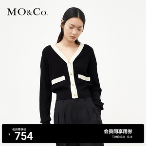 MOCO小香风撞色边金扣短款千金v领宽松针织衫毛衣毛衣外套女冬季