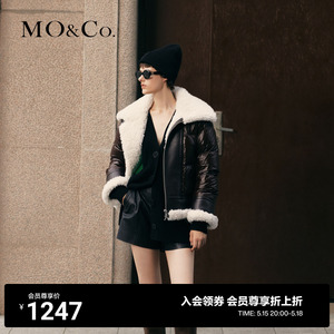 【90%鸭绒】MOCO冬季机车风拼接毛绒翻领短款羽绒服外套女美拉德