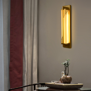 新中式铁艺长条形壁灯卧室客厅禅意LED中国风背景墙仿云石装饰灯