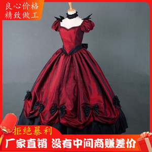 万圣节欧美复古维多利亚舞会礼服长款连衣裙lolita哥特洋装酒红色