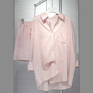 粉色条纹棉麻衬衫套装女夏季新款韩版休闲百搭防晒衬衣短裤两件套