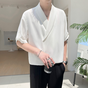 西西里男装夏季冰丝高级感韩版西装领落肩短袖套头白衬衫休闲衬衣