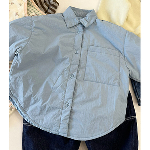 韩国童装男女童棉服2023秋冬新款儿童外套洋气翻领蓝色夹棉衬衫