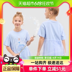 迪士尼女童网纱拼接儿童速干短袖T恤夏季新款中长款半袖上衣童装