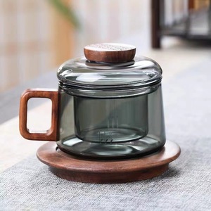 泡茶杯高硼硅玻璃三件杯 烟灰色墩墩茶水杯带过滤木把泡茶玻璃杯