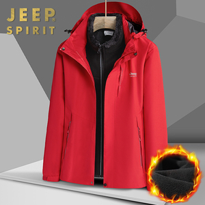 JEEP冲风衣男士三合一可拆卸红色两件套春秋冬季户外防风防水外套