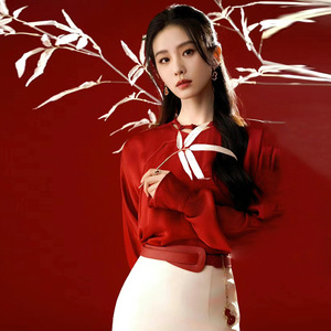 法国ZIKM  刘诗诗同款国风新中式裙子套装名媛小香风红色盘扣上衣