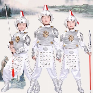 古代将军衣服儿童古装男孩赵子龙盔甲二郎神白色战袍战甲表演服装