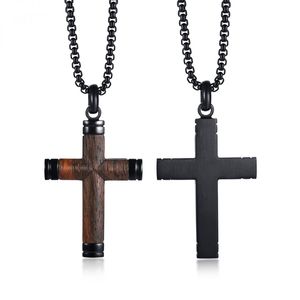原创设计嘻哈街头镶梨花木十字架吊坠复古潮男士钛钢项链个性饰品