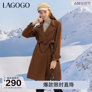 Lagogo拉谷谷冬季新款咖色西装领毛呢中长款大衣女腰带高级感通勤