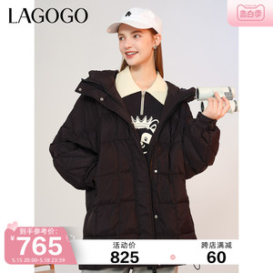 Lagogo拉谷谷2023年冬季新款黑色加厚连帽鸭绒羽绒服外套女中长款