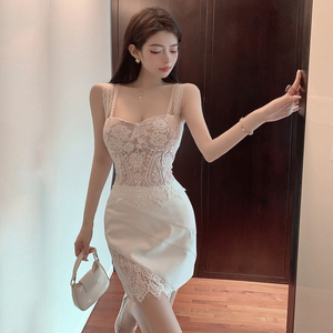 韩国chic夏季纯欲小洋装套装女短款修身蕾丝吊带背心+法式包臀裙