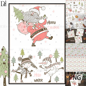 矢量EPS手绘圣诞节雪人神诞老人滑冰女孩柏树JPG无缝背景PNG素材