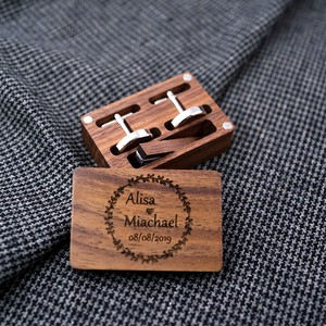订制logo刻字美国黑胡桃木质袖扣领带夹套装盒子磁吸款木制包装盒