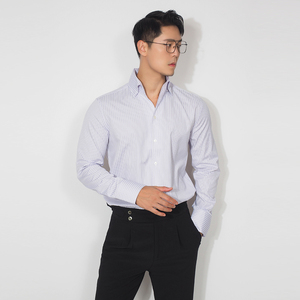 川泽男装紫色条纹V领长袖衬衫新款韩版修身休闲衬衣男士时尚上衣
