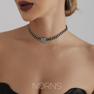Norns欧美大气冷淡风黑色铝链费加罗镶钻爱心项链女短款锁骨链