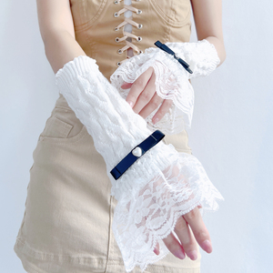 蕾丝手袖Lolita少女辣妹手臂套亚文化毛线针织手套白色蝴蝶结袖套