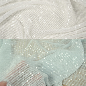 白色淡青色刺绣条纹透明3mm亮片布料 网眼底垂感好 裙子礼服面料