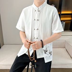 夏季新款男士刺绣冰丝短袖衬衫中国风开衫唐装上衣中式假两件t恤