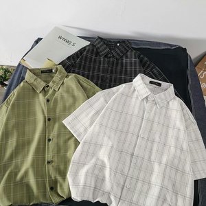 夏季新款格子短袖衬衫男士日系潮流宽松衬衣服学生韩版休闲薄外套