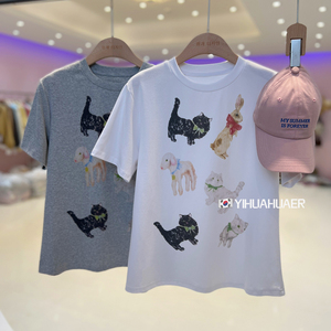 韩版宽松休闲圆领百搭卡通可爱猫咪动物印花短袖t恤上衣女夏新款
