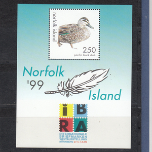 诺福克 1999 邮票 邮展 鸟类 太平洋黑鸭 羽毛 小型张 原胶无贴