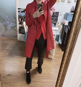 欧货欧洲站2020春装新款绵羊皮材质正红色风衣版型显瘦纯皮外套