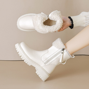 [还素]5cm白色厚底雪地靴女款冬季粗跟短靴真皮真羊皮毛毛马丁靴