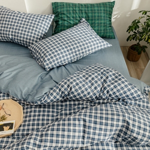 纯棉床品布料简约北欧几何格子蓝灰色男孩床单被罩枕套面料可加工