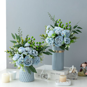 北欧轻奢高端蓝色仿真花假花玫瑰花客厅餐桌玄关斗柜装饰摆件绿植