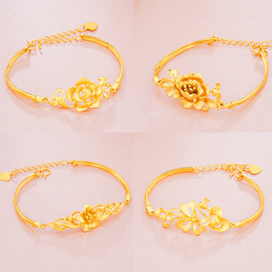 越南沙金孔雀手链 细可调节不掉色花朵24K黄金色黄铜镀金手链女士