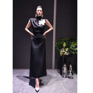 欧美女装法式优雅气质刺绣花朵侧镂空性感修身包臀黑色长裙连衣裙