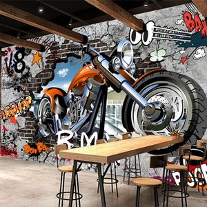 复古怀旧摩托车涂鸦海报自粘壁纸酒吧KTV网吧咖啡厅装饰背景墙贴