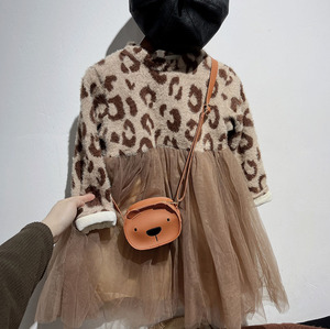 韩版女童超洋气豹纹针织加绒长袖连衣裙儿童冬季童装打底衣