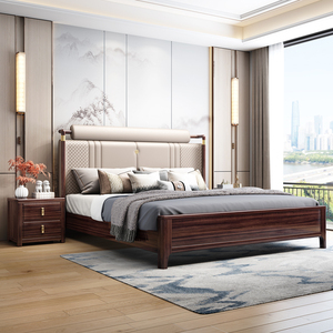 新中式乌金木实木床1.8米双人床轻奢卧室带软靠储物床